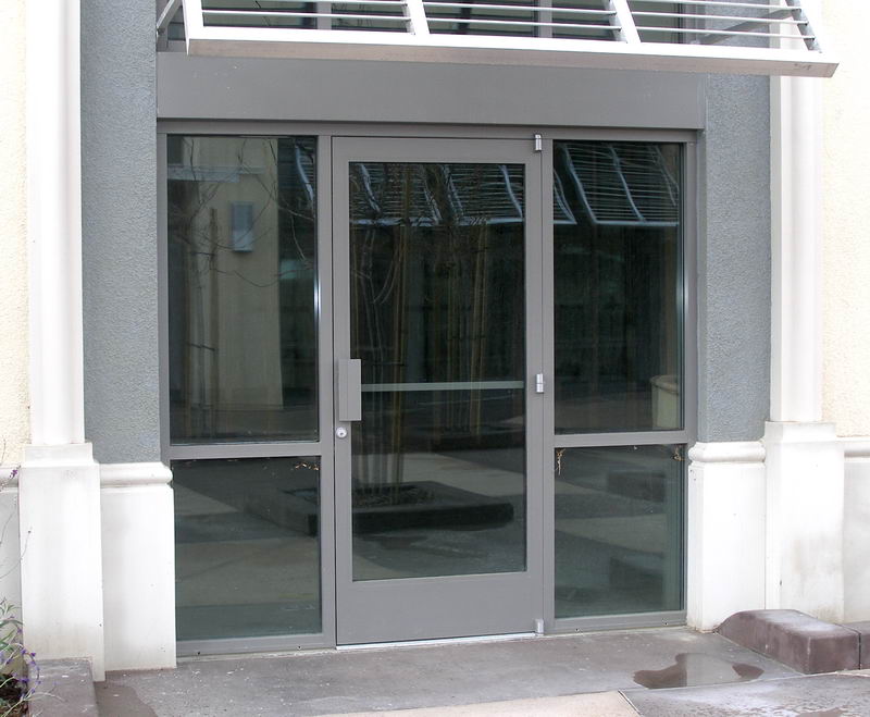 Glass double doors with aluminum frames set in a commercial building entrance, reflecting surroundings.