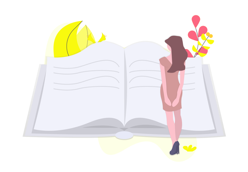 Woman in a pink dress stands in front of a large open book with abstract yellow and pink shapes in the background.
